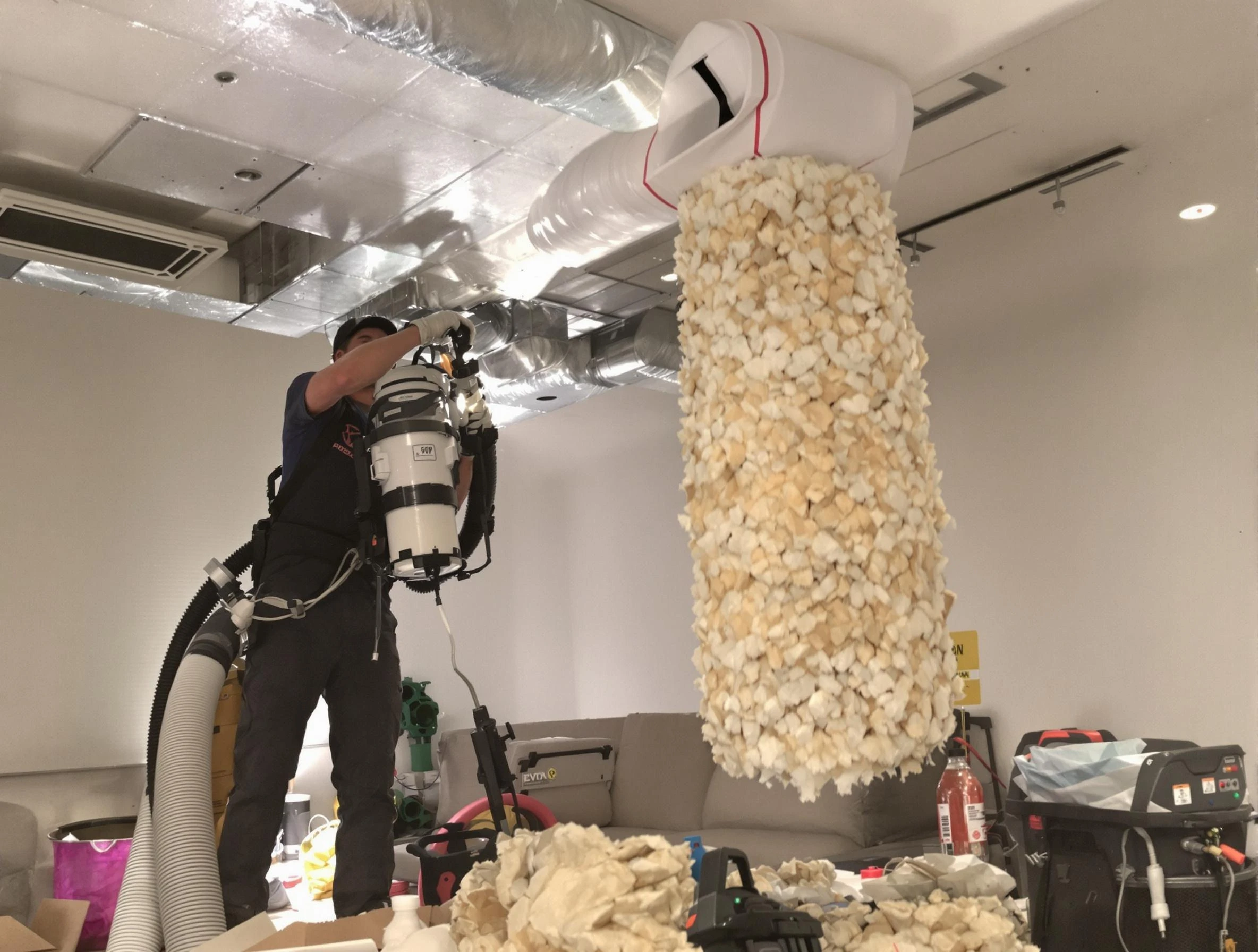 Lynn Air Duct Cleaning technician performing precision vacuum insulation removal in a residential property in Lynn